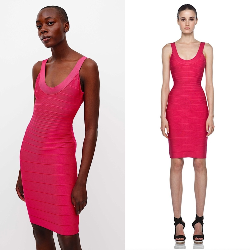 HERVE LEGER Fuchsia Pink Rib Knit Scoop Neck Sleeveless Bodycon‎ Bandage Dress S